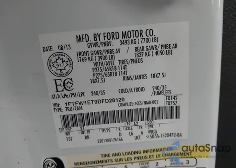 2013 Ford F-150 Fx4 из США, поврежденный, VIN 1FTFW1ET9DFD28120